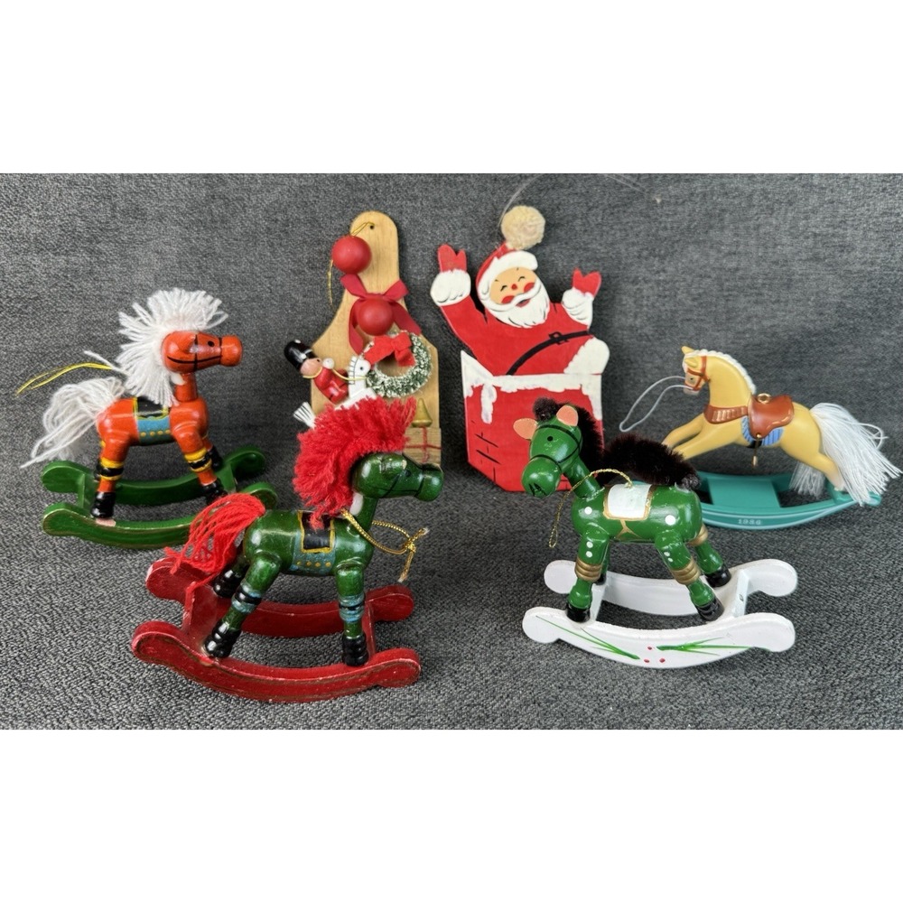Vintage Lot Of 6 Wood Rocking Horse Christmas Tree Ornaments